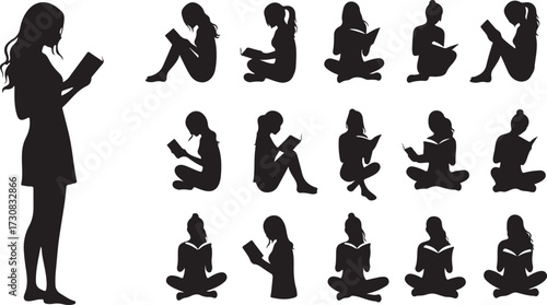 Silhouette, reading poses, person with book, sitting postures, standing reader, black and white, minimal, education, calm, focus, abstract, peaceful, study, 