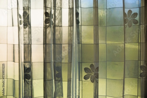 Badezimmergardine mit Kästchen- und Blumenmuster vor grüner Wiese und blauem Himmel mit Licht bei Sonne und Nebel am Morgen im Herbst