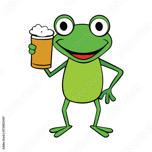 A goofy cartoon frog raises a frosty beer glass with a big grin, bulging eyes, and silly charm. Its relaxed pose and tipsy vibe make the scene hilariously cheerful.
