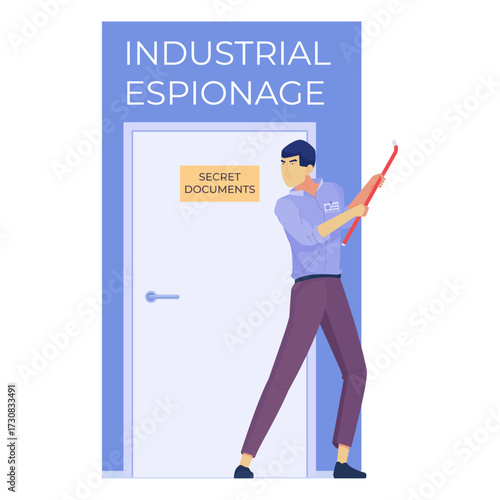 Industrial espionage man with crowbar breaking into door labeled secret documents