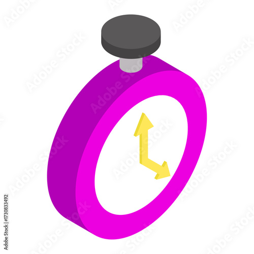 A 3D isometric illustration of a purple stopwatch with yellow hands indicating a time elapsed measurement