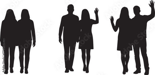 Silhouette, people waving, greeting gesture, social interaction, black and white, minimal art, friendship, unity, human connection, posture, movement, emotion, communication, standing figures,
