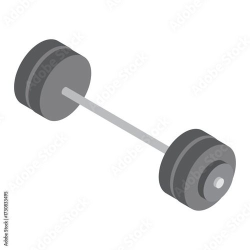 Isolated isometric illustration of a weightlifting barbell with weight plates, representing strength training and fitness equipment