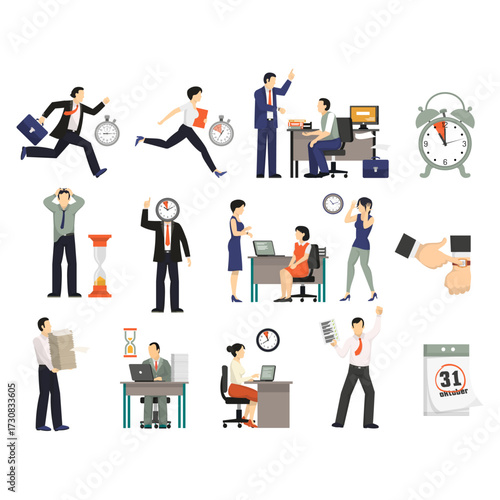 Busy professionals working against the clock in office environments, illustrating time management and deadlines