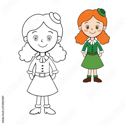 An Irish girl coloring page featuring a smiling lass in traditional dress, with braided hair, shamrock accents, and cheerful charm ready for kids to color with creativity.
