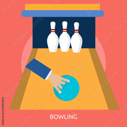 Bowling alley fun A hand rolls a blue ball down the lane towards pins in this action-packed illustration