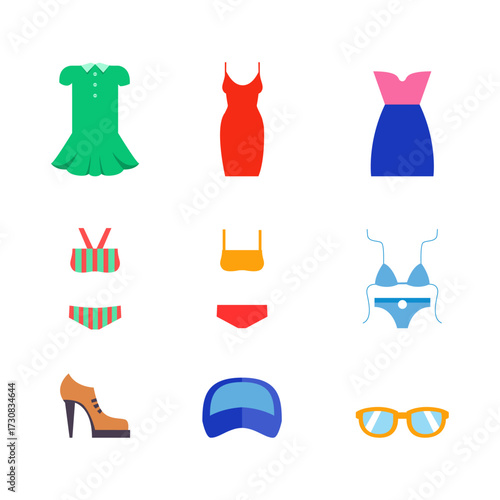 Collection of colorful women's fashion items including dresses, bikinis, shoes, hat, and sunglasses