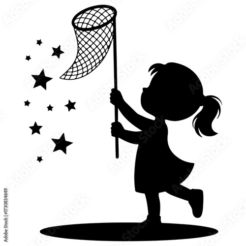 A silhouette of a child holding a butterfly net catching stars. The image is charming and imaginative, perfect for projects related to dreams and childhood