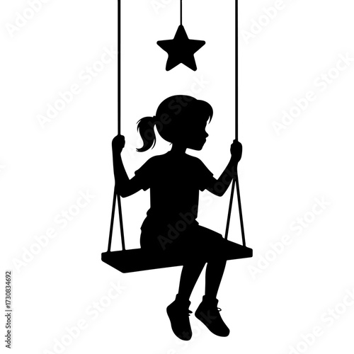 A silhouette of a young girl swinging with a star in the sky. The silhouette captures the essence of childhood innocence and freedom. 