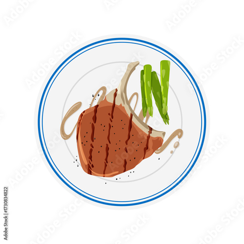 Delicious grilled pork chop with asparagus and a savory sauce served on a white plate with blue trim
