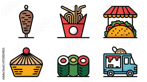 Vector art of set of food icons doner kebab, noodles, taco, cupcake, sushi, and food truck