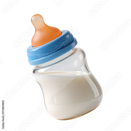 3d tilted ergonomic baby bottle with milk and blue ring in transparent background png and white background jpg

