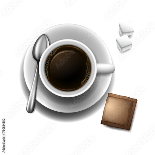 Top view of a steaming cup of black coffee with a spoon, sugar cubes, and a chocolate square on a saucer
