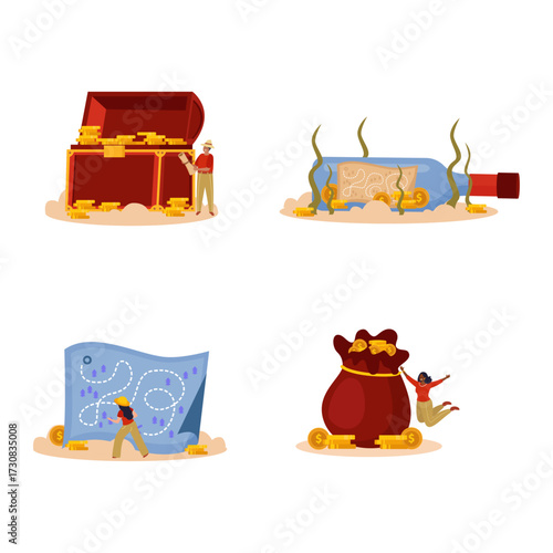 Treasure Hunt and Discovery Illustrations of Finding Riches and Lost Items Through Maps and Exploration