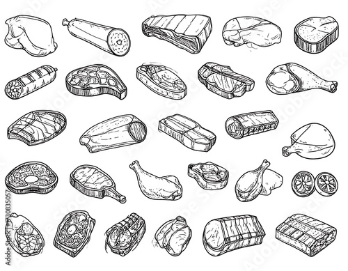 Hand-drawn illustrations of various types of meat