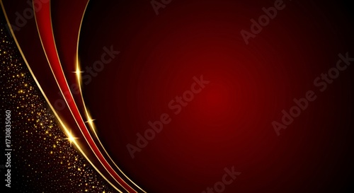 A dark red background with flowing, layered red and gold stripes on the left, illuminated by scattered golden sparkles and bright star-like glints.