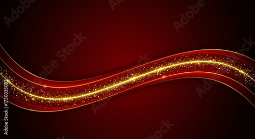 A deep red background features a flowing, wavy ribbon with gold trim, sprinkled with bright golden glitter.
