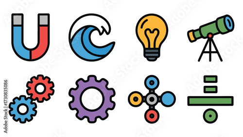 Vector art of science and technology icons, including a magnet, wave, lightbulb, telescope, gears, atom, and division symbol