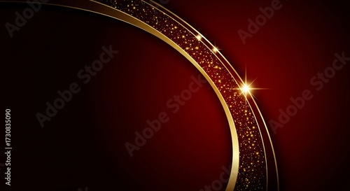 A dark red background with a sweeping golden curve adorned with glittering gold particles and a bright starburst.