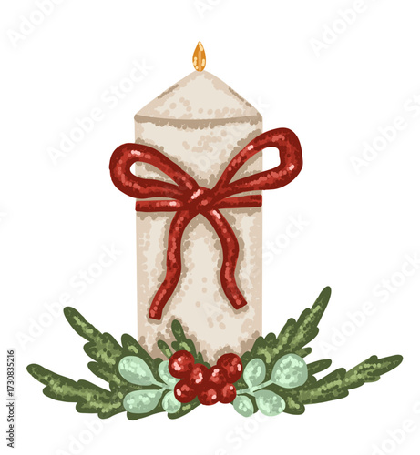 Christmas candle with fire decorated with fir tree and mistletoe berry in flat style