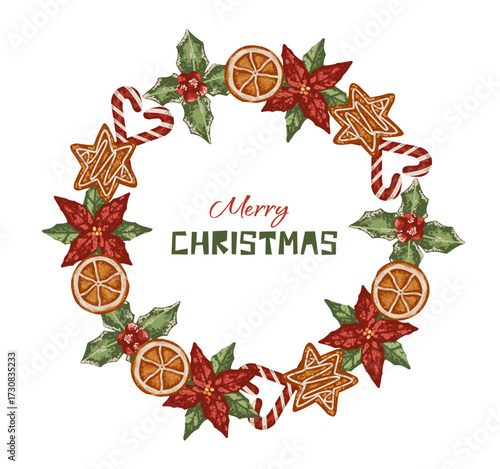 Christmas wreath frame decorated with mistletoe berry, cane candy and gingerbread cookie in flat style