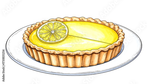 Hand-drawn lemon tart on a plate