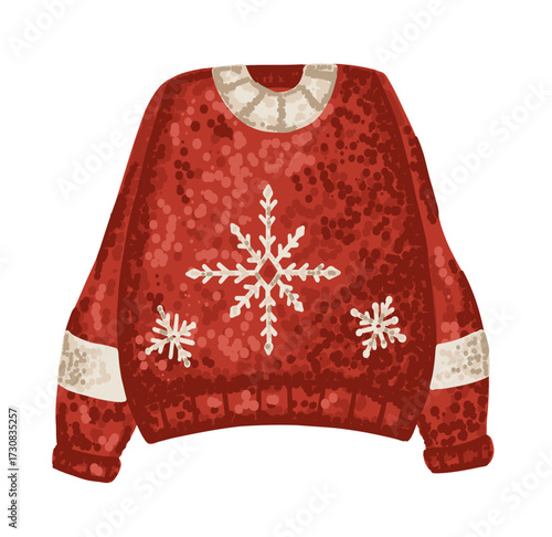 Christmas ugly sweater with snowflake in flat style. Cozy jumper in red color