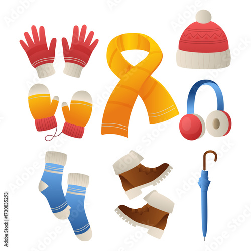 Winter Accessories Set Including Hat, Scarf, Gloves, Mittens, Socks, Boots, Headphones, and Umbrella