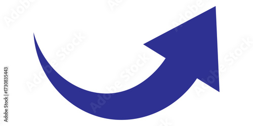 Blue curve arrow. Blue upward curving arrow. A curved blue arrow points upwards, indicating growth and progress, isolated on white background.