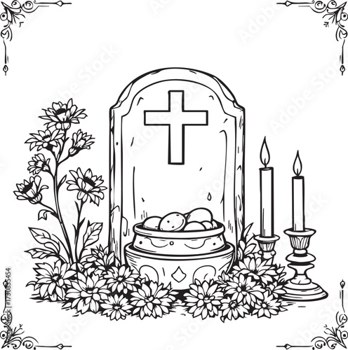 Memorial vector with tombstone, cross, candles, flowers, and offering bowl in black and white for remembrance and tribute design