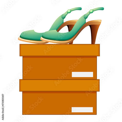 Pair of elegant green high heels perched atop two stacked brown shoeboxes on a white background