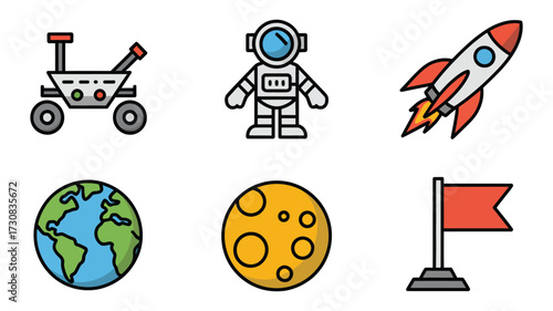Vector art of space icons collection of space related icons such as rover, astronaut, rocket, earth, moon and flag