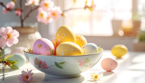 Easter Eggs in a Bowl with Flowers.