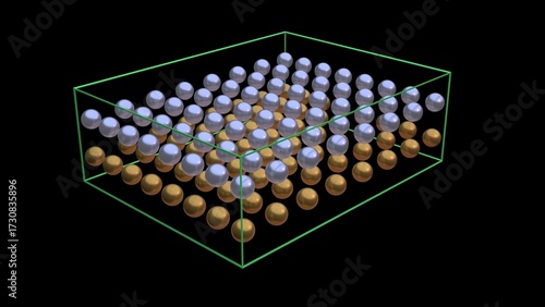 Orderly arrangement of atoms. Atomic array - ordered structure. Evenly spread particles superconductor material. Double layered material. 3d render illustration.