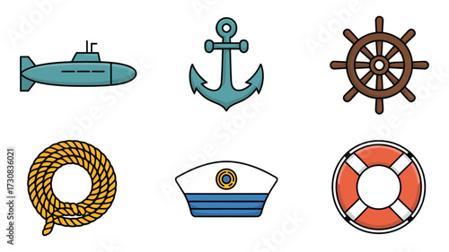 Vector art of nautical adventure awaits with this delightful set of icons, featuring a submarine, anchor, ship wheel, rope, captains hat, and lifebuoy