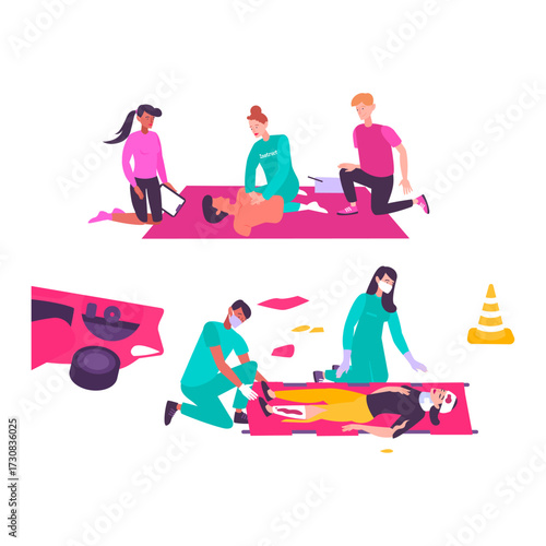 Medical emergency rescue training simulation, demonstrating critical care and first aid procedures by professionals