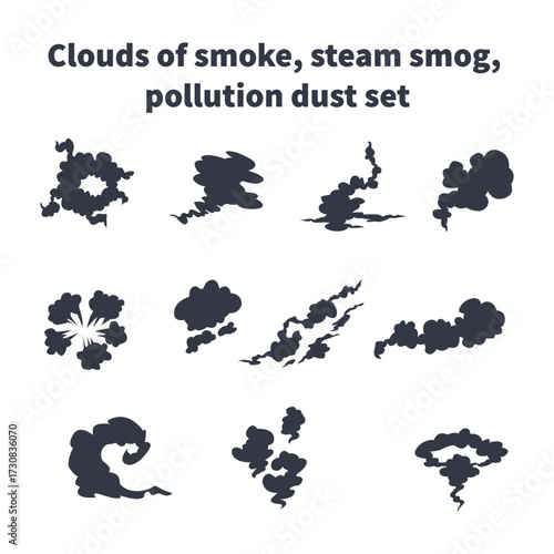 Clouds of smoke, steam smog, pollution dust set black silhouettes