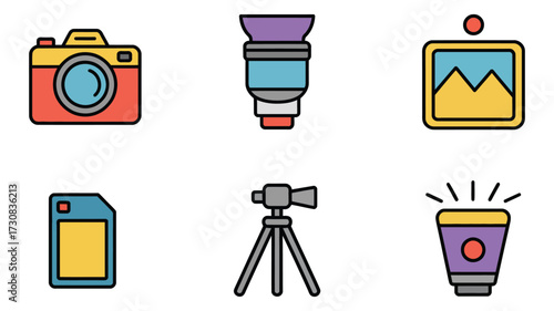 Vector art of photography equipment, including a camera, lens, image, memory card, tripod, and flash, for capturing memories