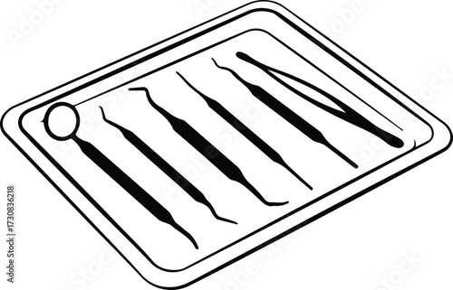 Illustrator Vector Dental instruments in tray medical equipment silhouette
