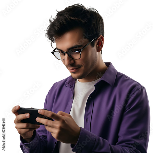 Focused young man playing mobile games with glasses and purple shirt isolated on transparent background