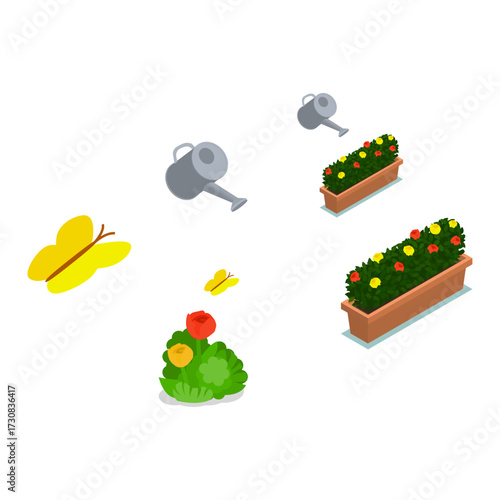 Isometric garden illustration with yellow butterflies and blooming flowers in planters