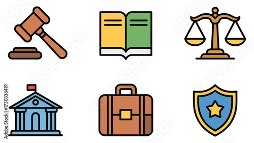 Vector art of law and justice icons set, including gavel, book, scale, building, briefcase and shield