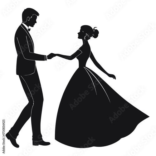 Silhouette of a couple dancing formally: the man wears a suit with bow tie, the woman a flowing gown and bun hairstyle. Their poised posture suggests elegance and grace.