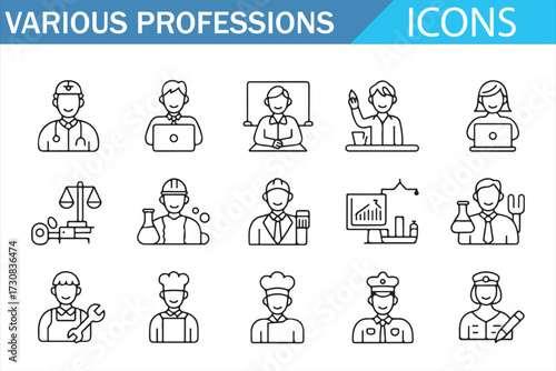 Clean stroke professions collection—doctor, teacher, engineer, scientist, mechanic, chef, pilot