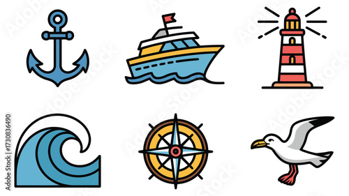 Vector art of nautical and maritime icons set, featuring anchor, boat, lighthouse, wave, compass, and seagull illustration