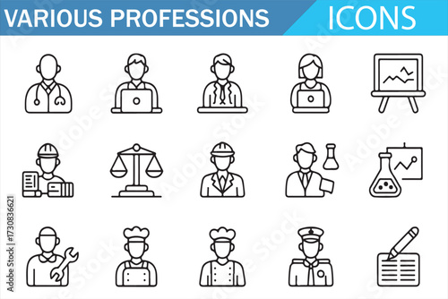 Linear professions icon pack—outline career symbols for doctor, teacher, engineer, scientist, chef, pilot, and more