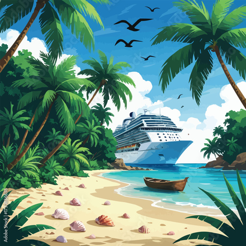 Scenic exotic island beach with golden sand, turquoise water and palm trees illustration