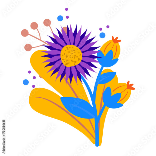 Whimsical illustration of a vibrant purple flower with yellow and blue accents, surrounded by abstract shapes and dots