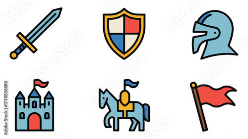 Vector Illustration of medieval knightly attributes including a sword, shield, helmet, castle, knight on horseback, and flag