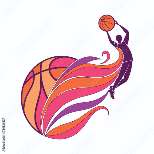 Dynamic basketball player silhouette leaping with fiery ball and flames